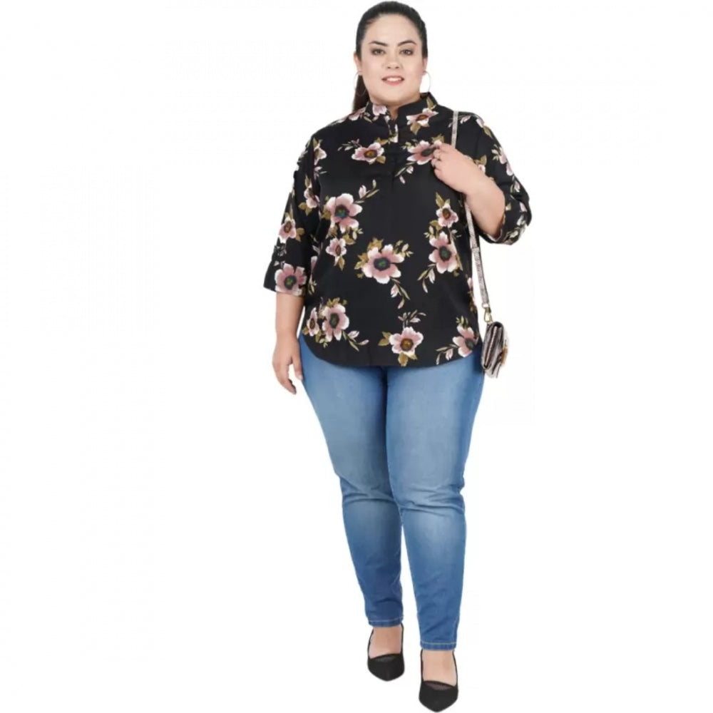 PKRKART Women's Casual Three Fourth Sleeve Printed Black Top (Color:Black, Material:Poly Crepe)