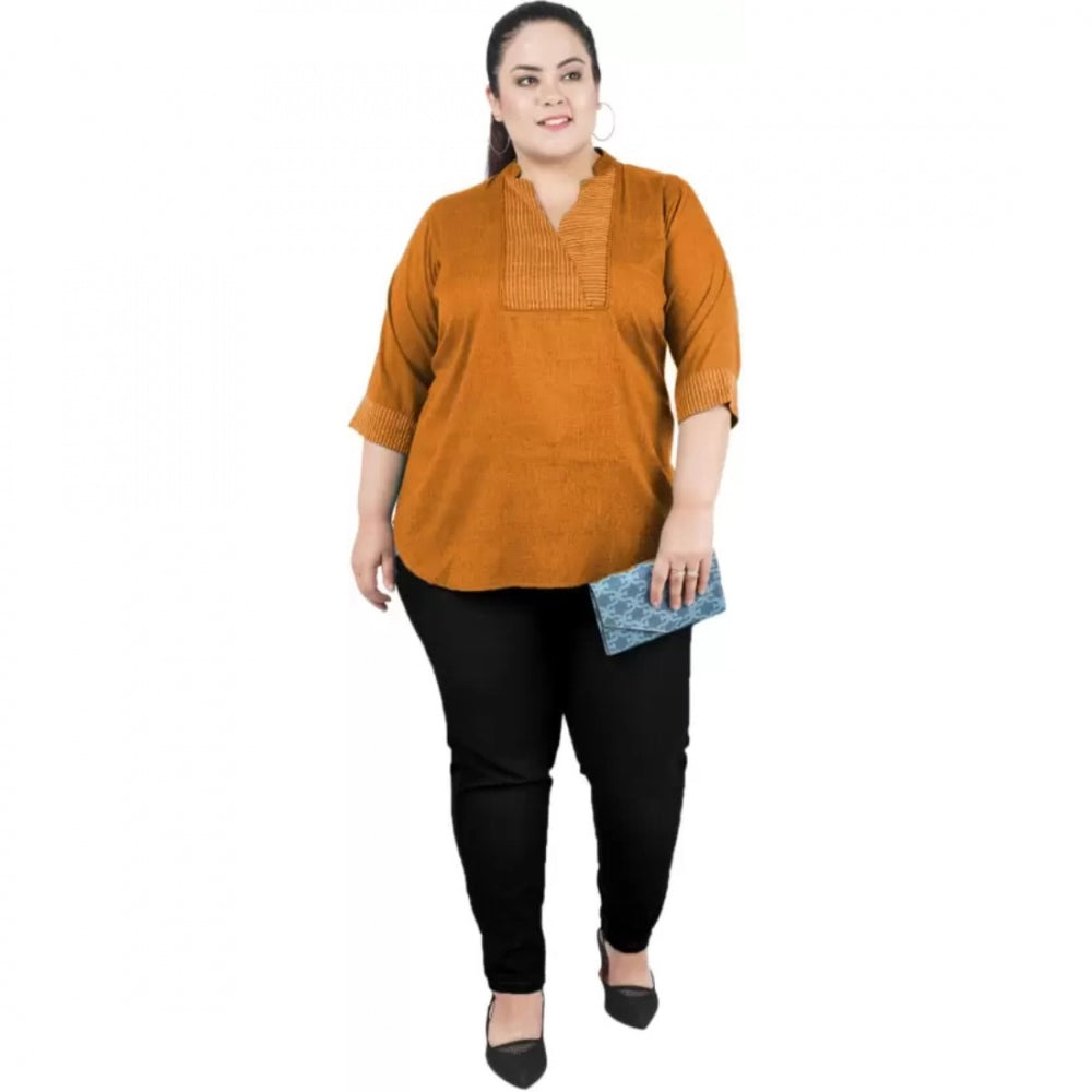 PKRKART Women's Casual Three Fourth Sleeve Embroidered Yellow Top (Color:Yellow, Material:Cotton Linen Blend)