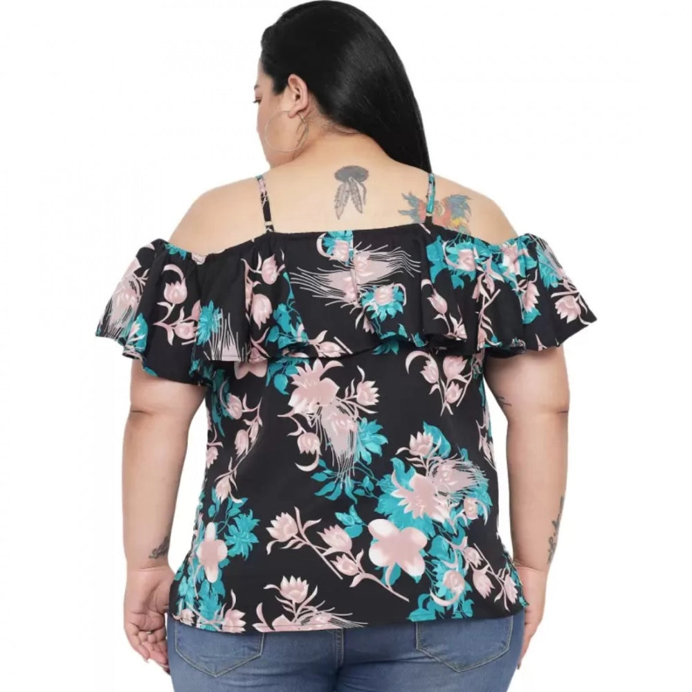 PKRKART Women's Casual Floral Print Black Top (Color:Black, Material:Polyester)
