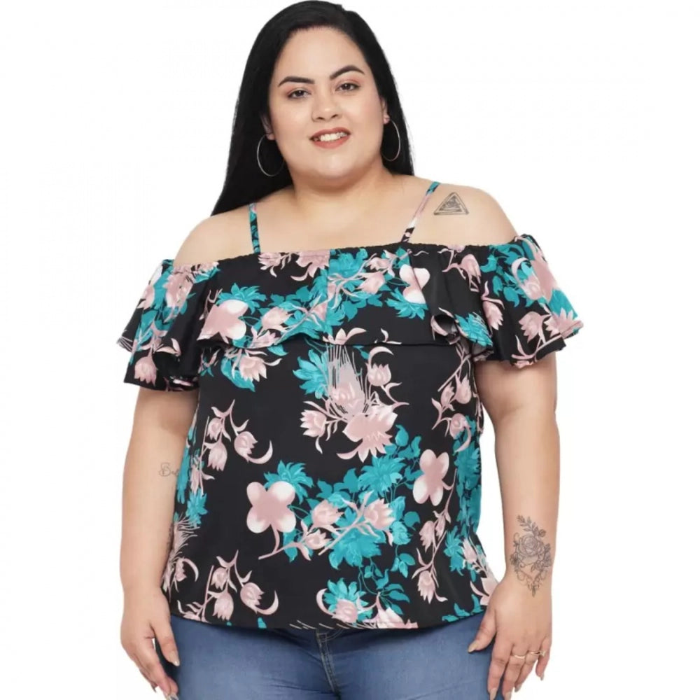 PKRKART Women's Casual Floral Print Black Top (Color:Black, Material:Polyester)
