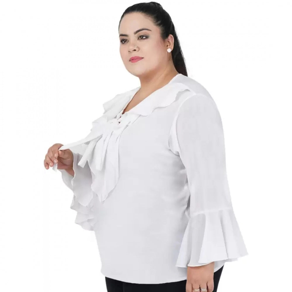 PKRKART Women's Casual Bell Sleeve Solid White Top (Color:White, Material:Georgette)