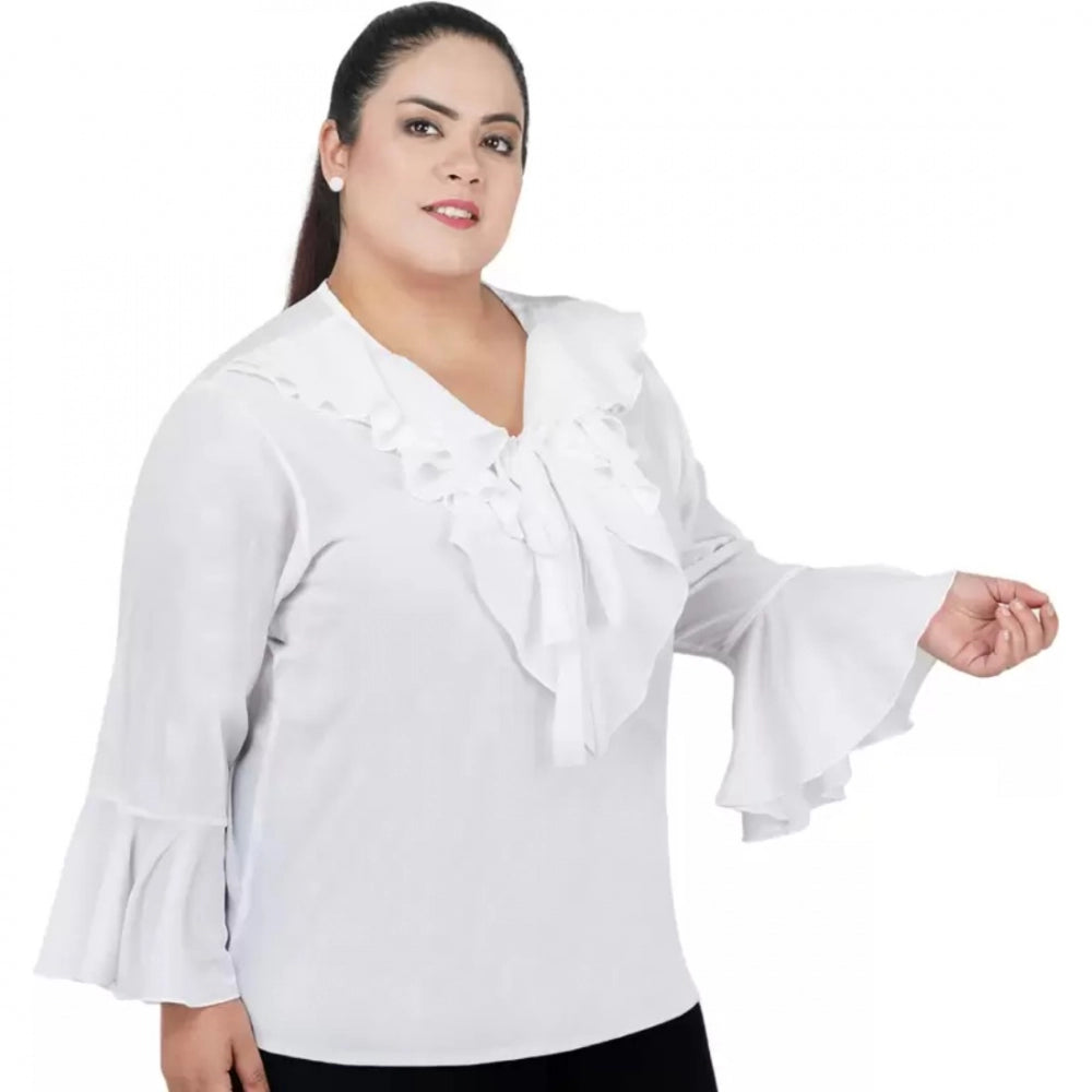 PKRKART Women's Casual Bell Sleeve Solid White Top (Color:White, Material:Georgette)