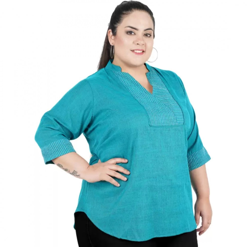 PKRKART Women's Casual Three Fourth Sleeve Embroidered Light Green Top (Color:Light Blue, Material:Cotton Linen Blend)