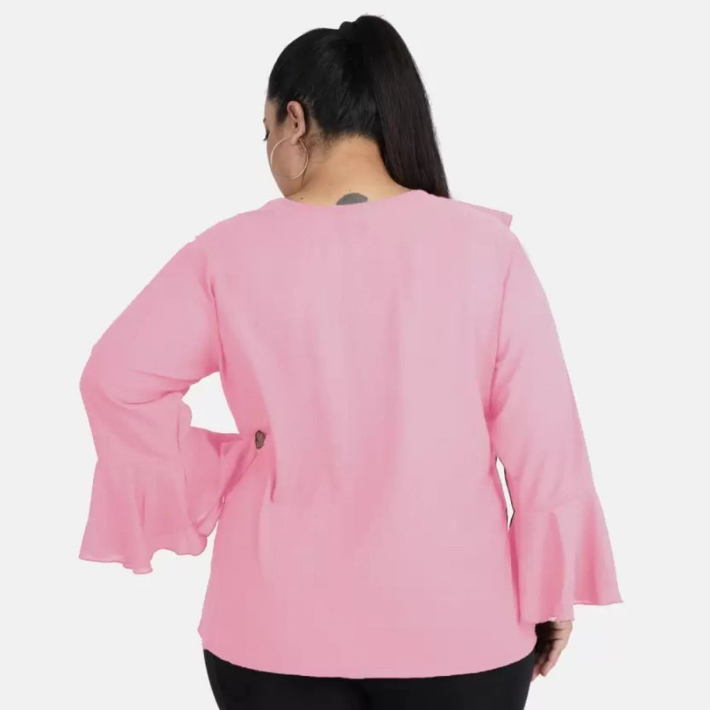 PKRKART Women's Casual Bell Sleeve Solid Pink Top (Color:Pink, Material:Georgette)