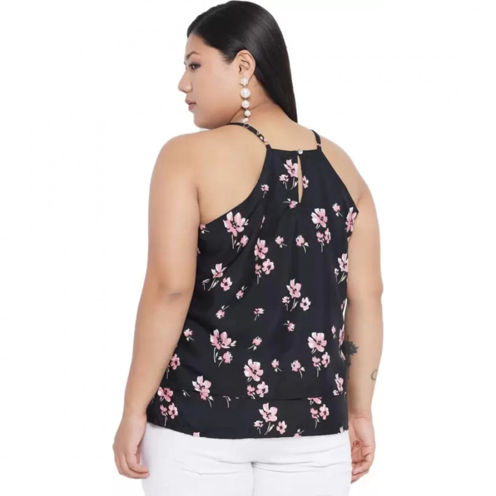 PKRKART Women's Casual Floral Print Black Top (Color:Black, Material:Polyester)