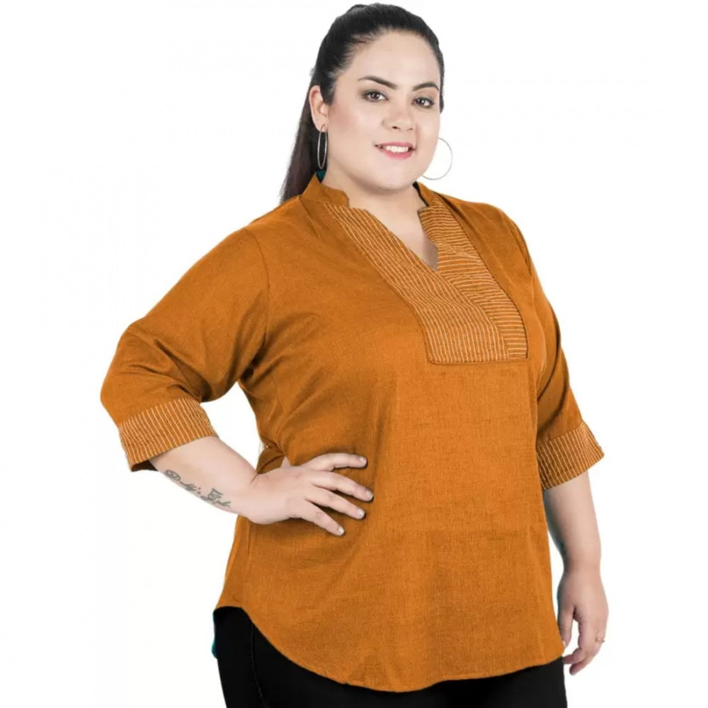 PKRKART Women's Casual Three Fourth Sleeve Embroidered Yellow Top (Color:Yellow, Material:Cotton Linen Blend)