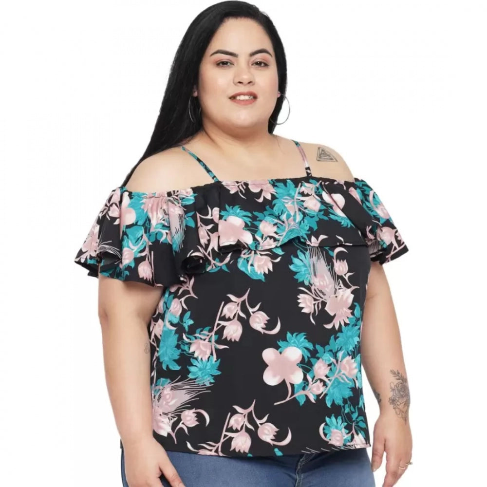 PKRKART Women's Casual Floral Print Black Top (Color:Black, Material:Polyester)