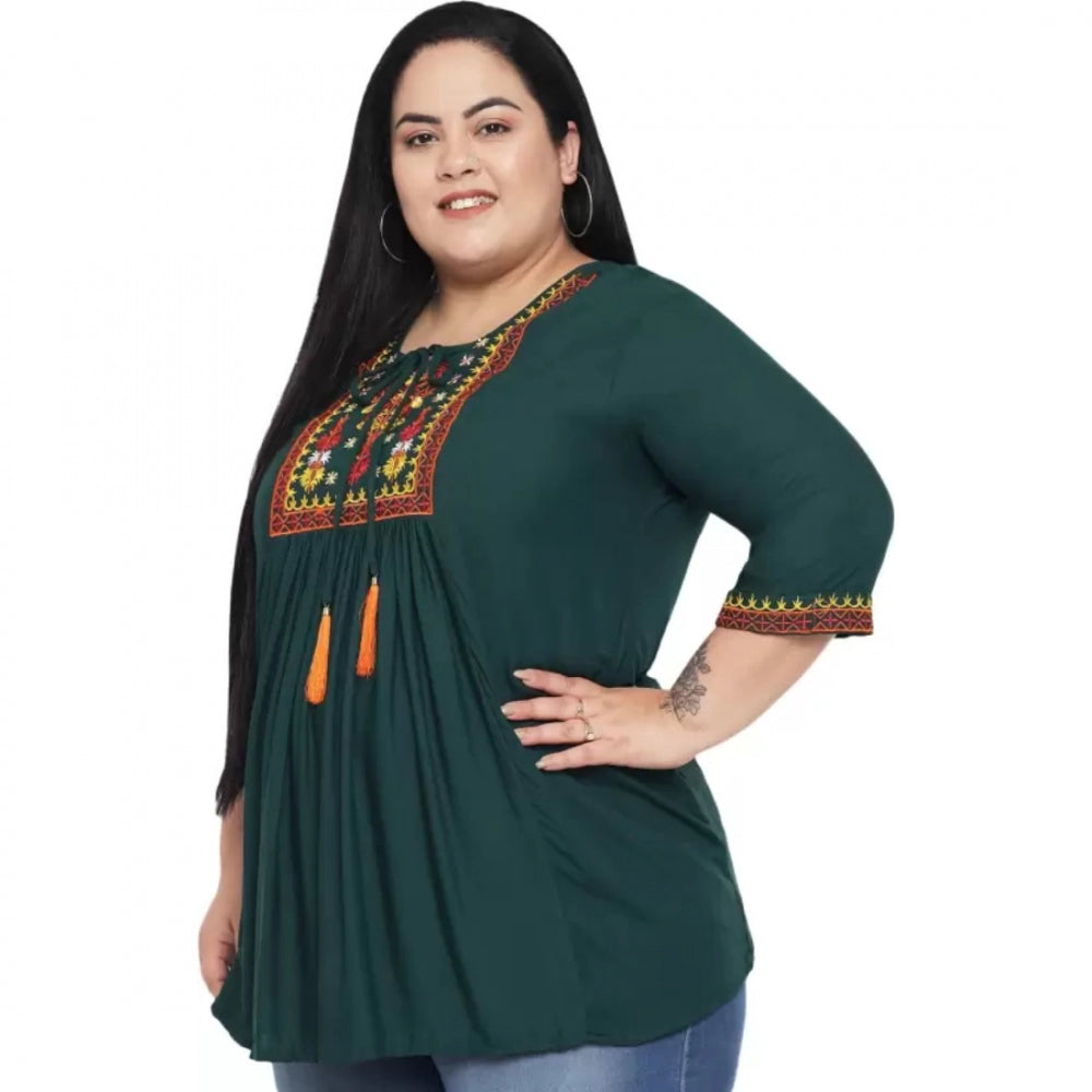 PKRKART Women's Casual Embroidered Dark Green Top (Color:Dark Green, Material:Rayon)