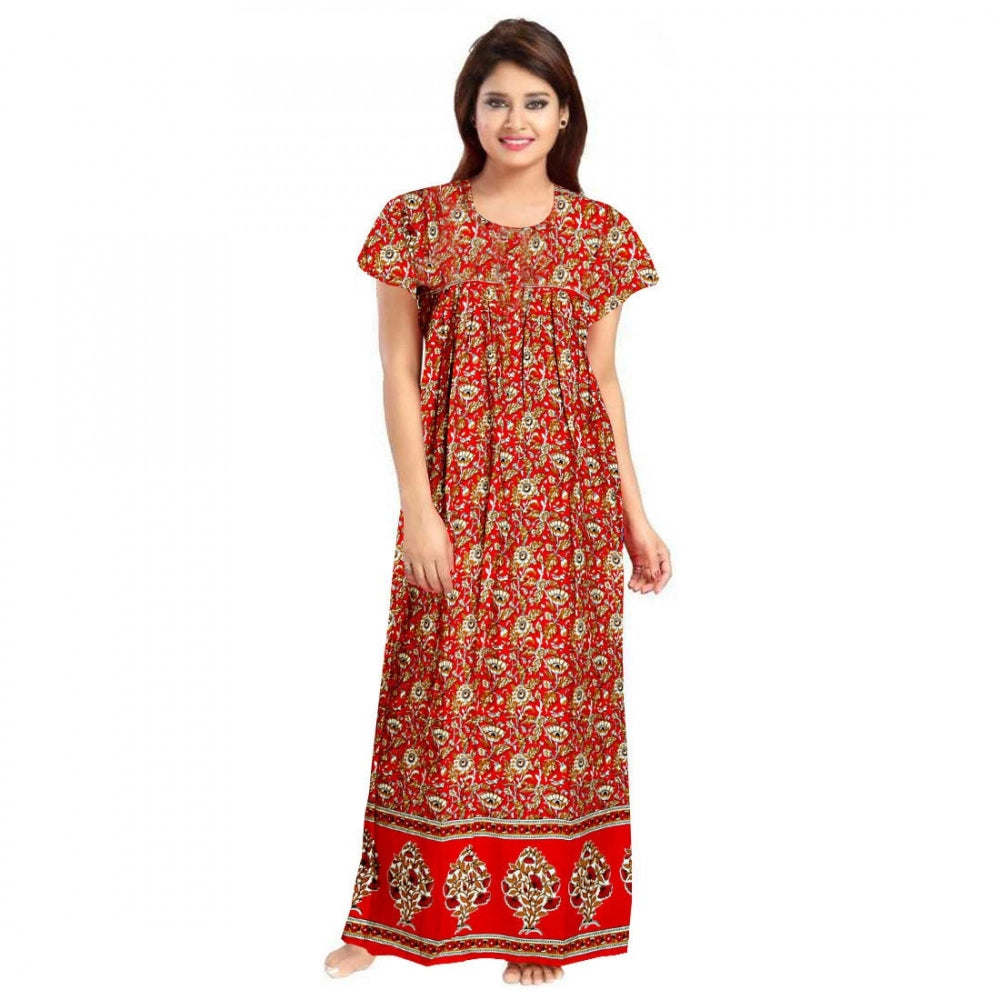 PKRKART Women's Cotton Printed Maxi Nighty (Red)