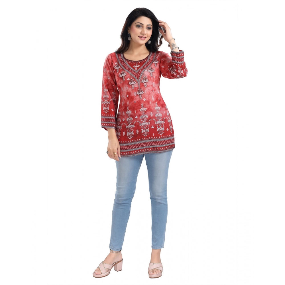 PKRKART Women's 3/4th Sleeve Faux Crepe Tunic Short Top (Red)