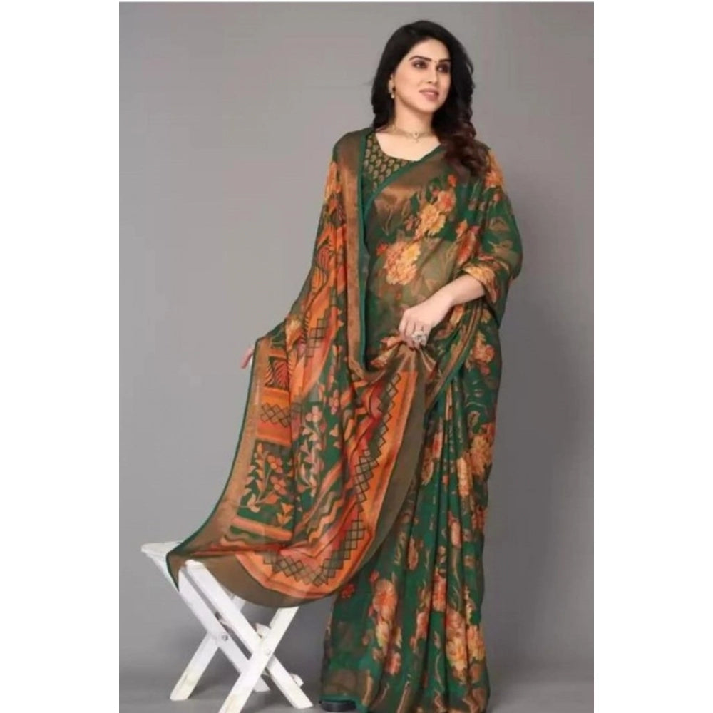 pkrkart Women's Viscose Rayon Printed Saree With Unstitched Blouse (Green)