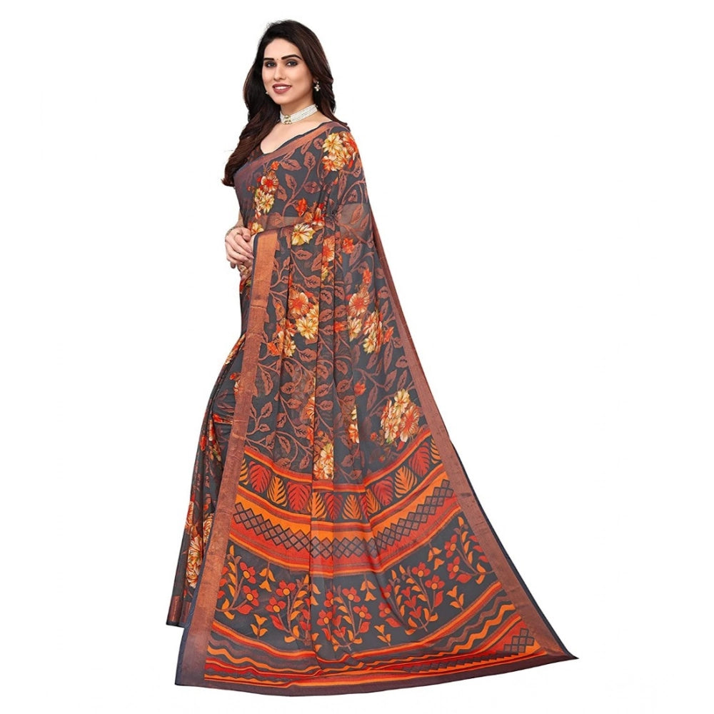 pkrkart Women's Viscose Rayon Printed Saree With Unstitched Blouse (Grey)