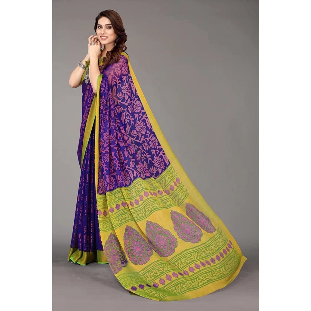 pkrkart Women's Viscose Rayon Printed Saree With Unstitched Blouse (Blue)