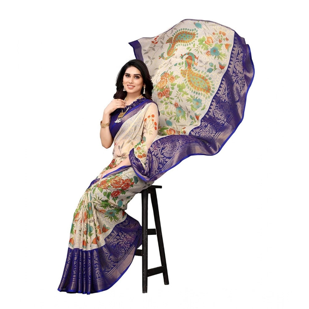 pkrkart Women's Viscose Rayon Printed Saree With Unstitched Blouse (Blue)
