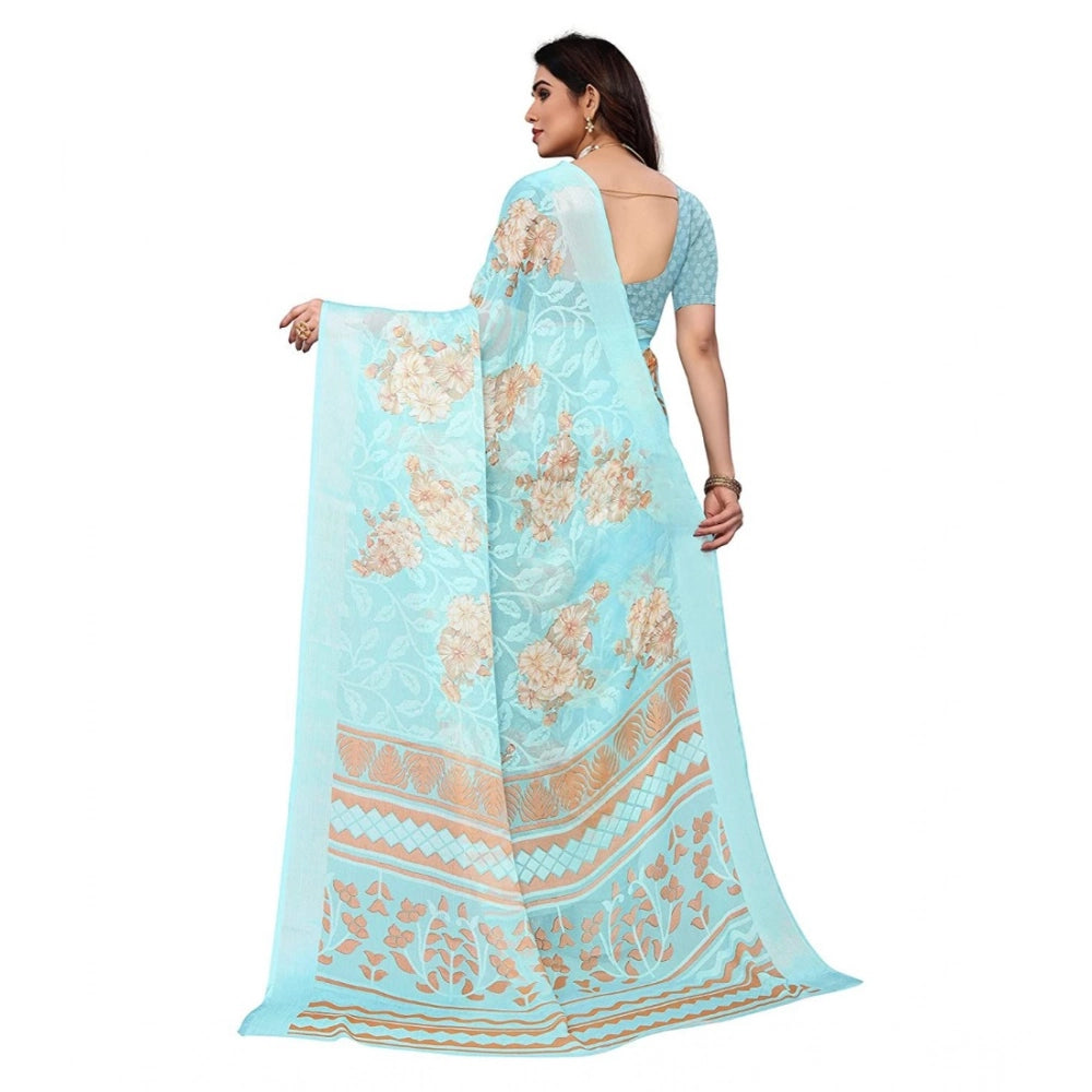 pkrkart Women's Viscose Rayon Printed Saree With Unstitched Blouse (Sky Blue)