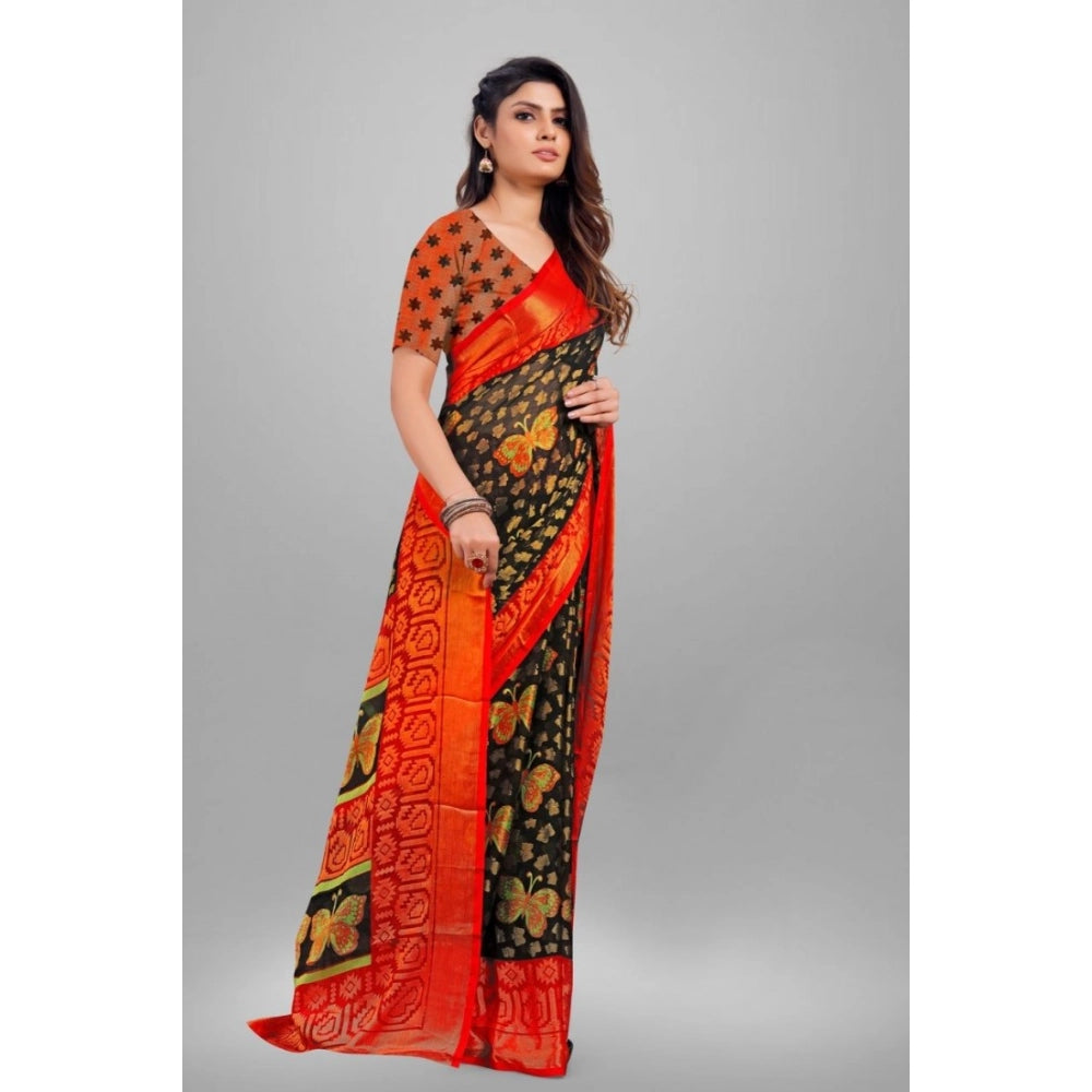 pkrkart Women's Viscose Rayon Printed Saree With Unstitched Blouse (Black)