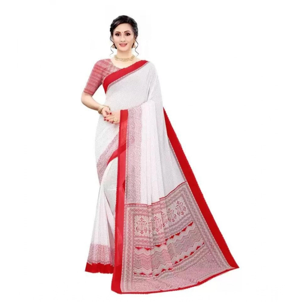 pkrkart Women's Georgette Printed Saree With Unstitched Blouse (Red)