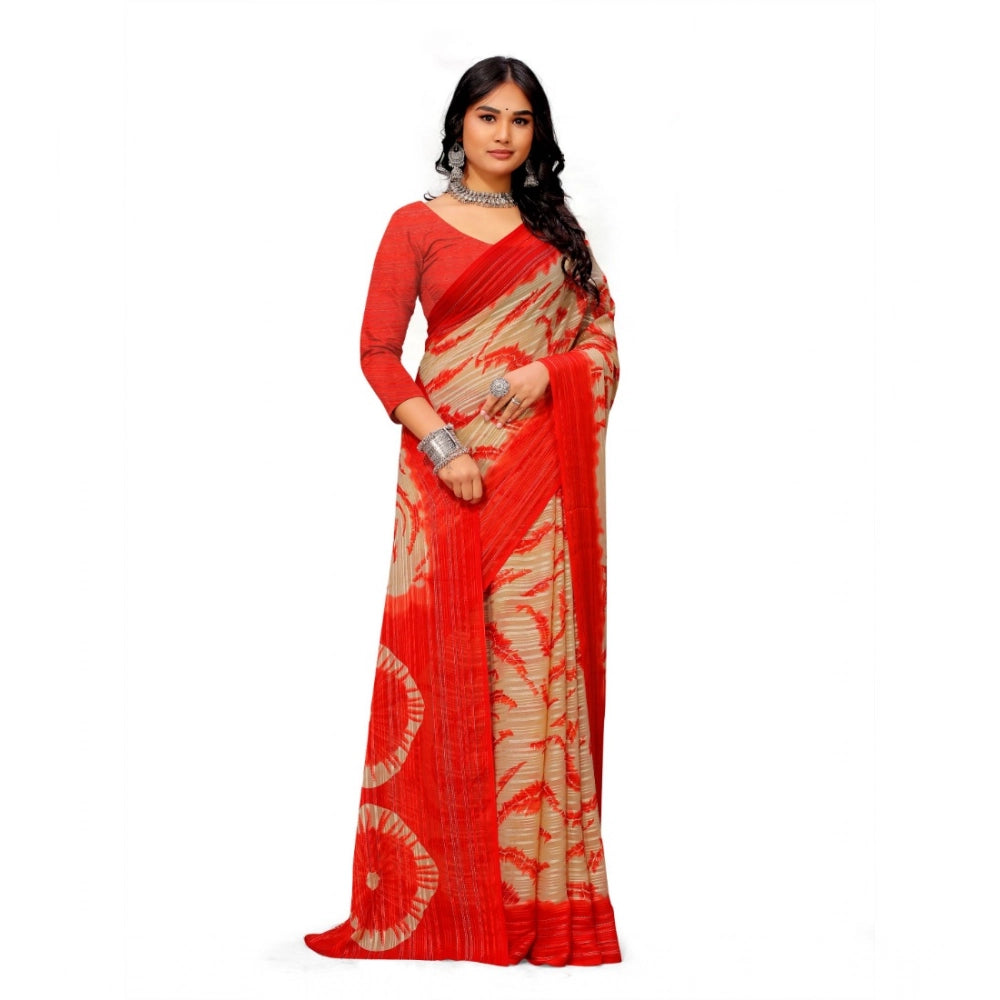 pkrkart Women's Georgette Printed Saree With Unstitched Blouse (Red)