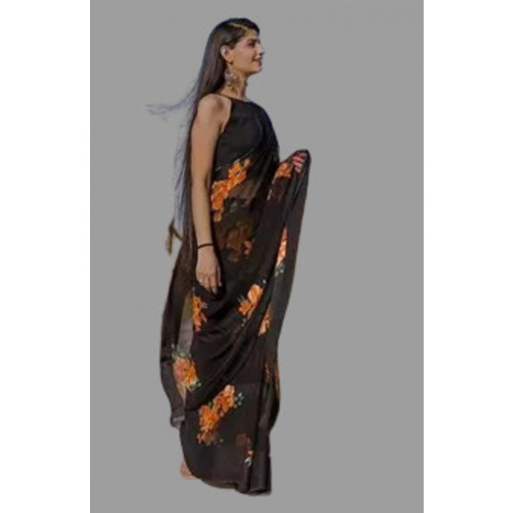 pkrkart Women's Satin Patta Printed Saree With Unstitched Blouse (Orange)