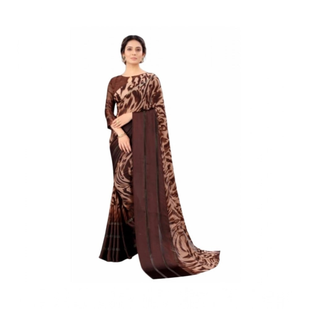 pkrkart Women's Satin Patta Printed Saree With Unstitched Blouse (Brown)