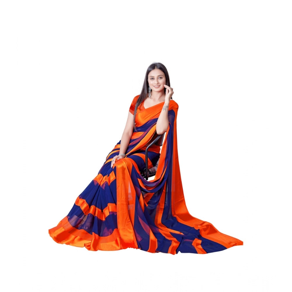 pkrkart Women's Satin Patta Printed Saree With Unstitched Blouse (Orange)