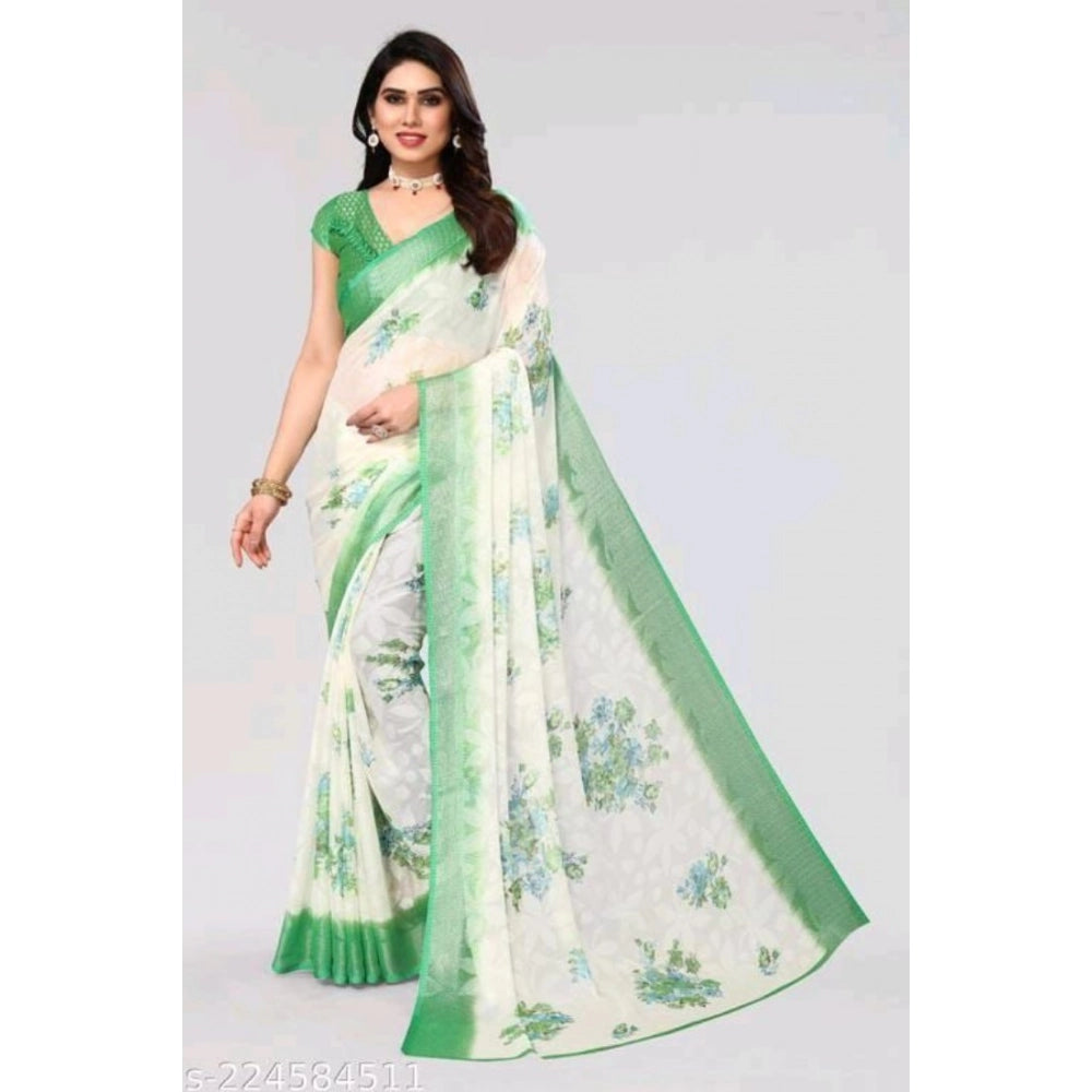 pkrkart Women's Viscose Rayon Printed Saree With Unstitched Blouse (Green)