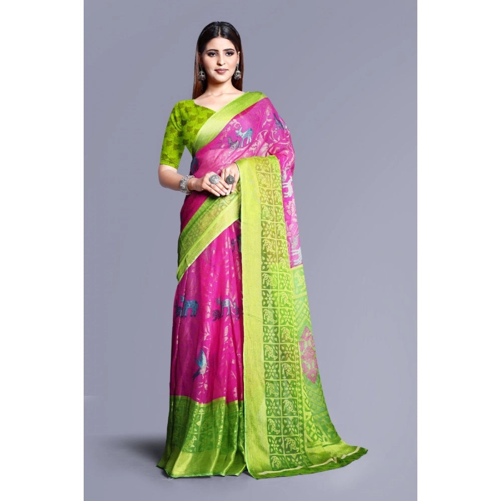 pkrkart Women's Viscose Rayon Printed Saree With Unstitched Blouse (Pink)