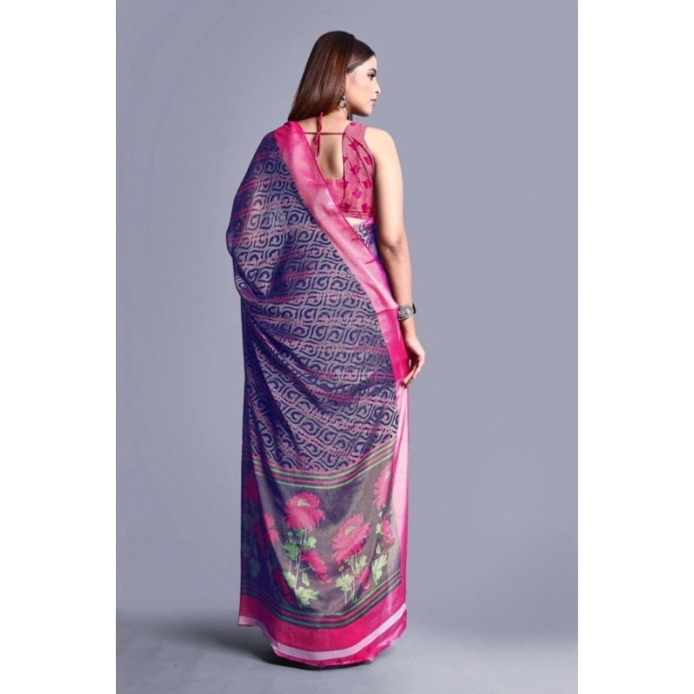 pkrkart Women's Viscose Rayon Printed Saree With Unstitched Blouse (Navy Blue)