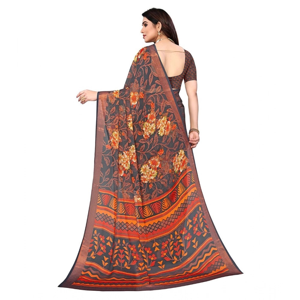 pkrkart Women's Viscose Rayon Printed Saree With Unstitched Blouse (Grey)