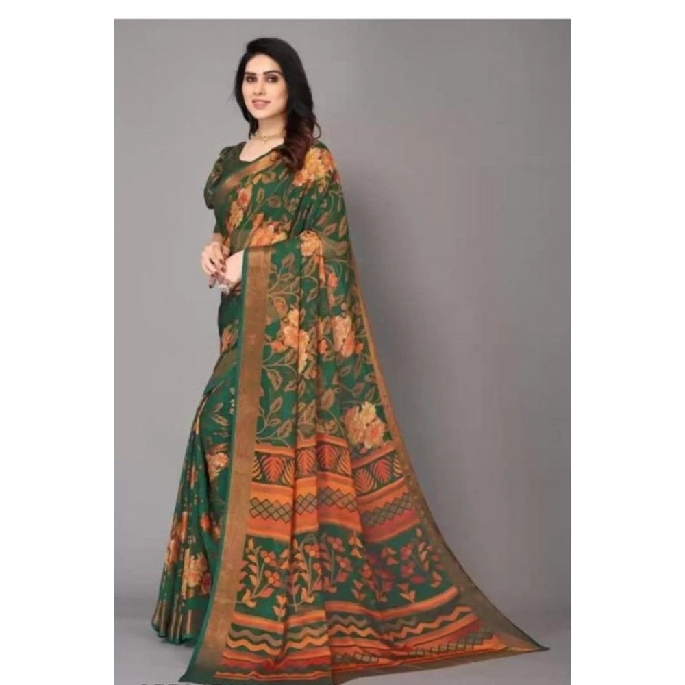 pkrkart Women's Viscose Rayon Printed Saree With Unstitched Blouse (Green)