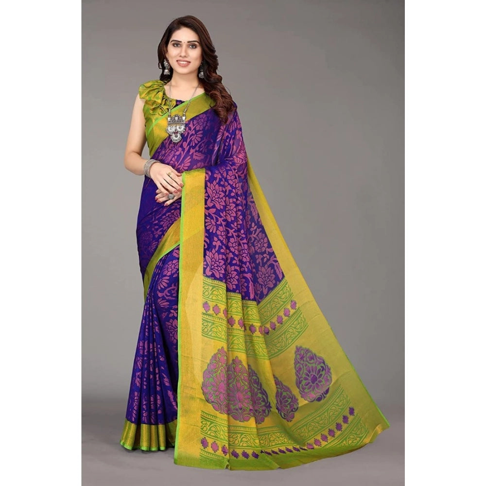 pkrkart Women's Viscose Rayon Printed Saree With Unstitched Blouse (Blue)