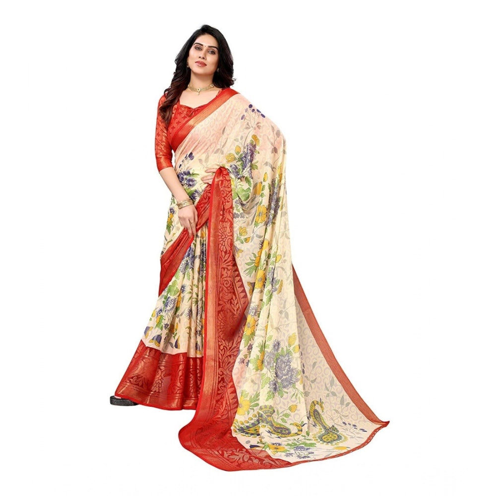 pkrkart Women's Viscose Rayon Printed Saree With Unstitched Blouse (Red)