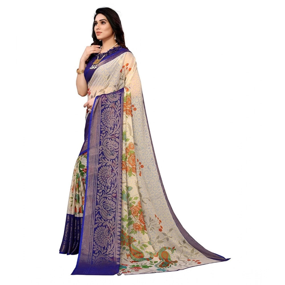pkrkart Women's Viscose Rayon Printed Saree With Unstitched Blouse (Blue)