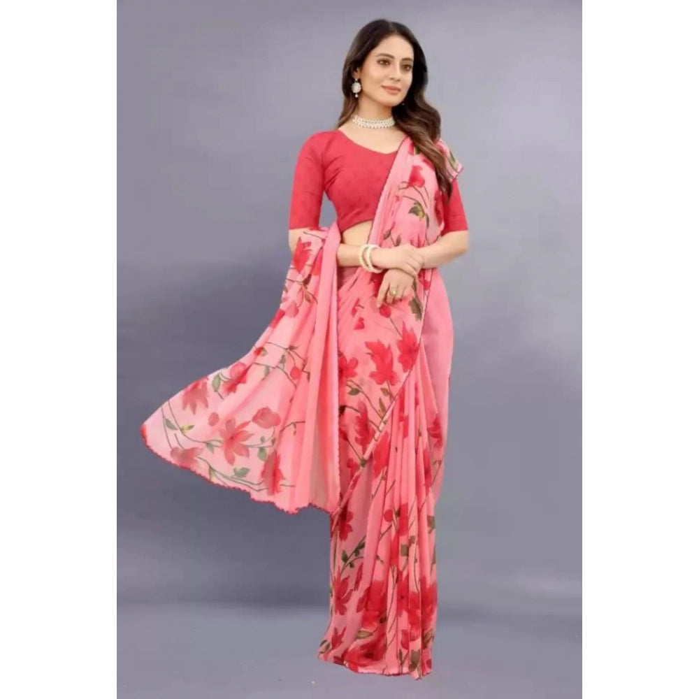 pkrkart Women's Georgette Printed Saree With Unstitched Blouse (Red)