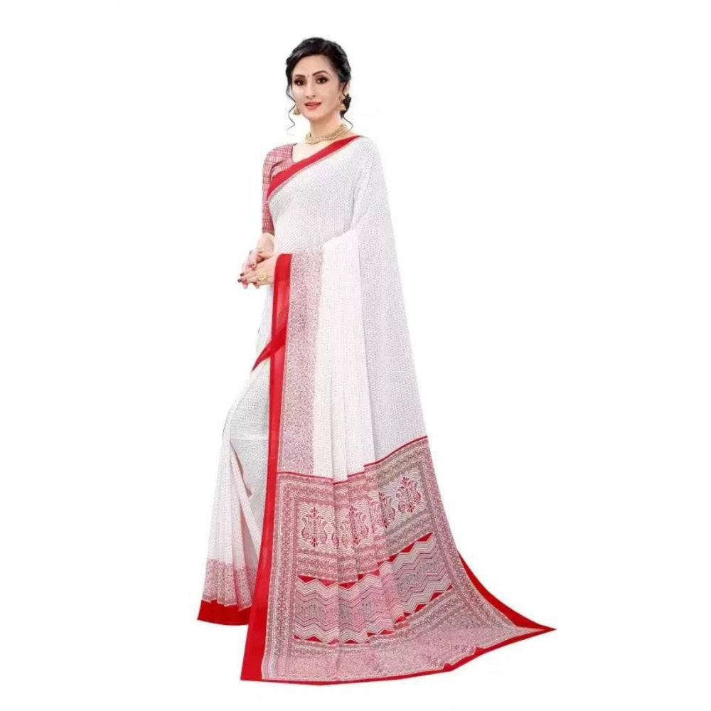 pkrkart Women's Georgette Printed Saree With Unstitched Blouse (Red)