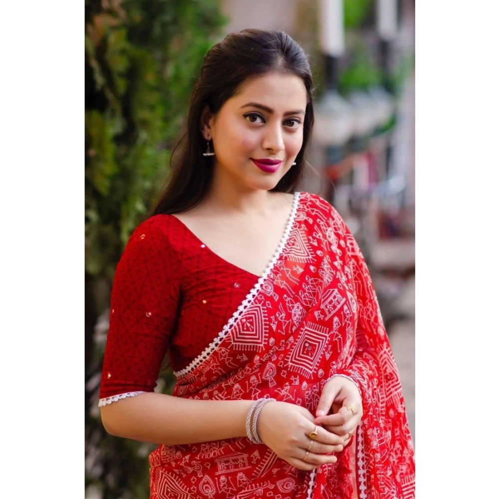 pkrkart Women's Georgette Printed Saree With Unstitched Blouse (Red)