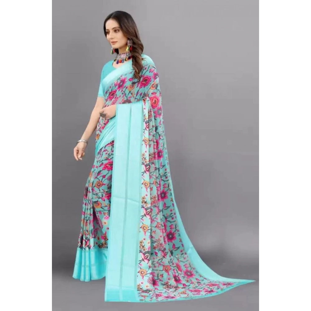pkrkart Women's Satin Patta Printed Saree With Unstitched Blouse (Skyblue)