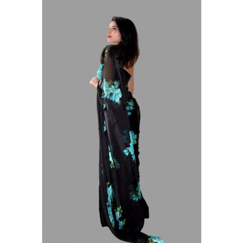 pkrkart Women's Satin Patta Printed Saree With Unstitched Blouse (Blue)