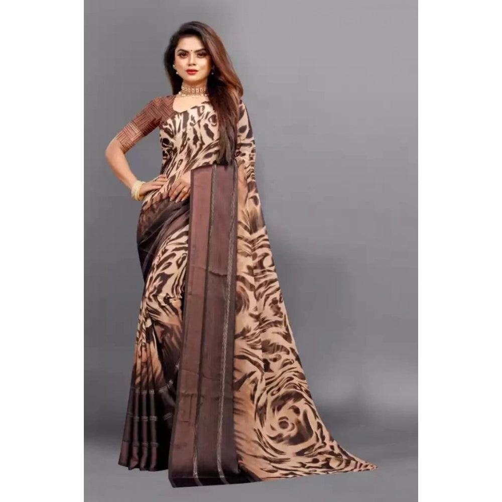pkrkart Women's Satin Patta Printed Saree With Unstitched Blouse (Brown)