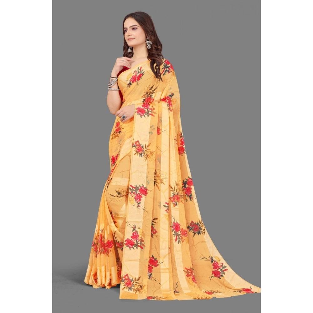 pkrkart Women's Satin Patta Printed Saree With Unstitched Blouse (Beige)