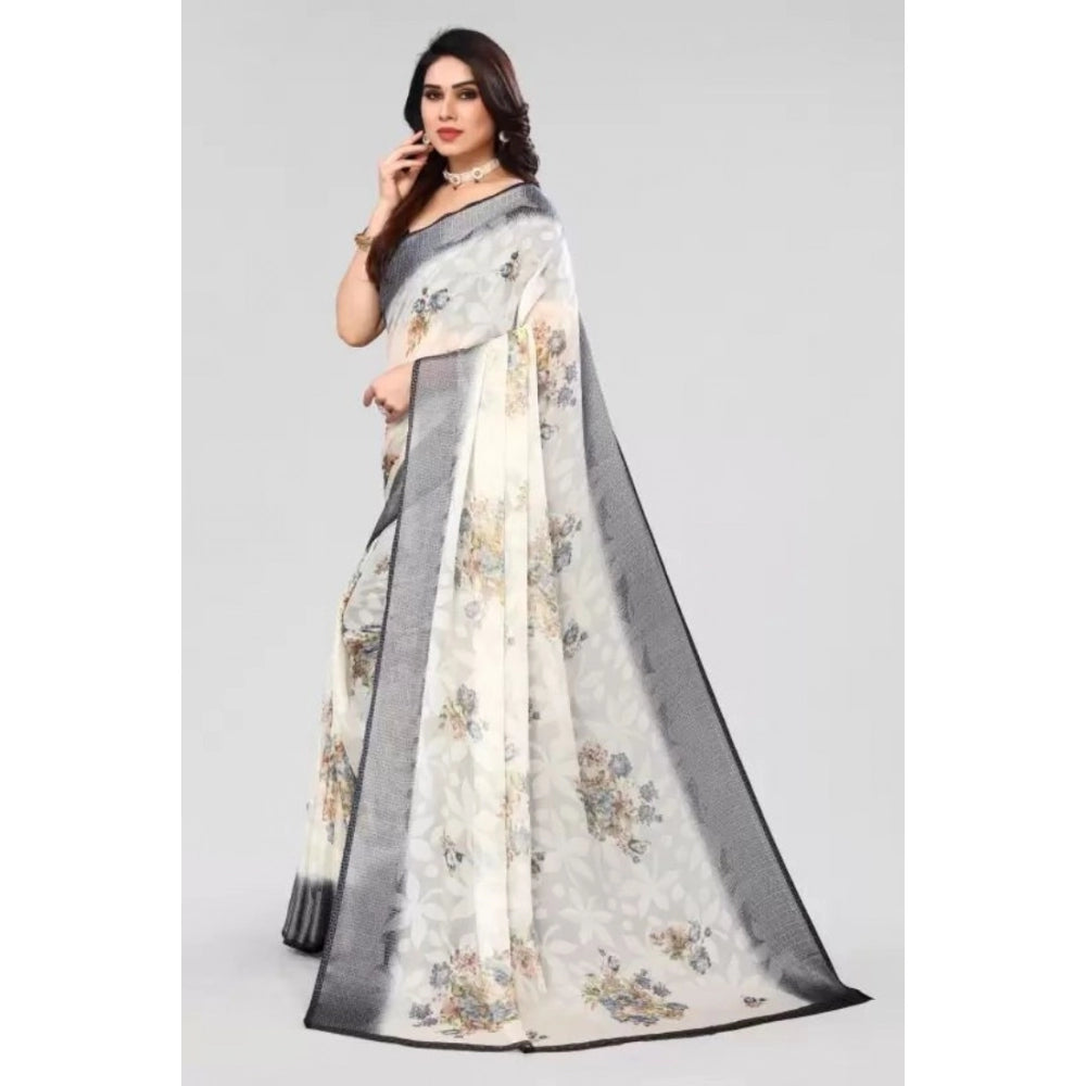 pkrkart Women's Viscose Rayon Printed Saree With Unstitched Blouse (Black)