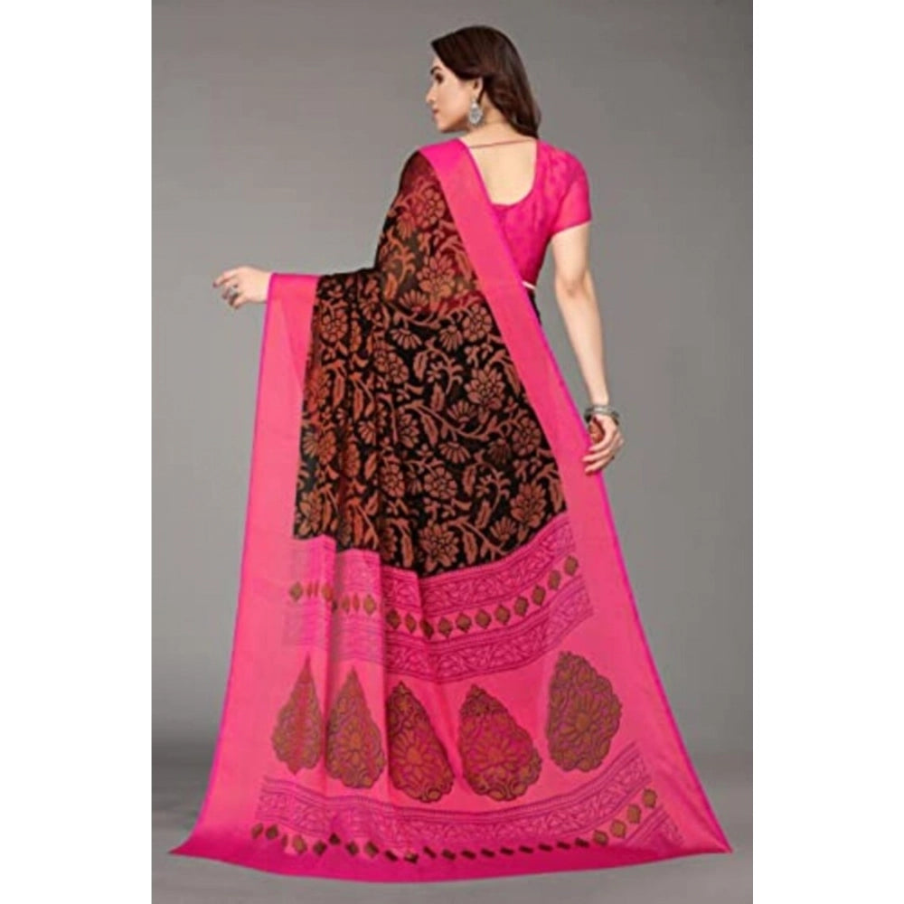 pkrkart Women's Viscose Rayon Printed Saree With Unstitched Blouse (Black)