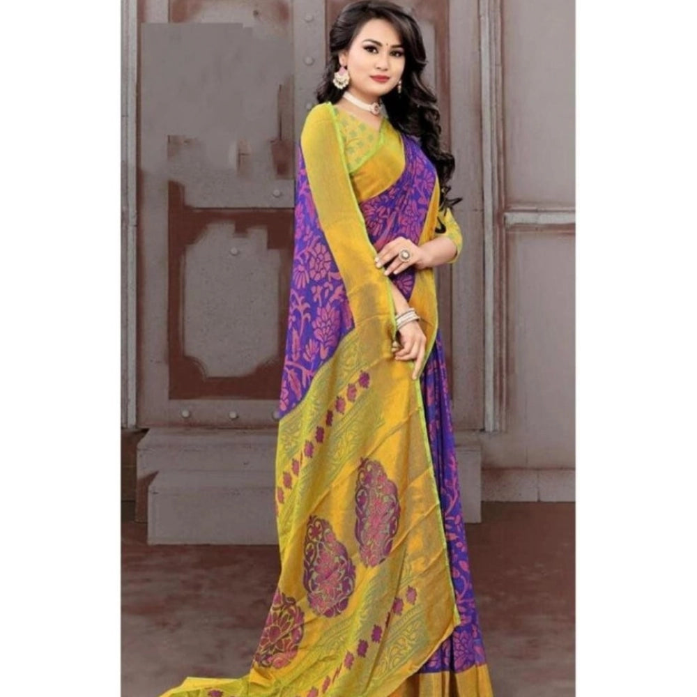 pkrkart Women's Viscose Rayon Printed Saree With Unstitched Blouse (Blue)