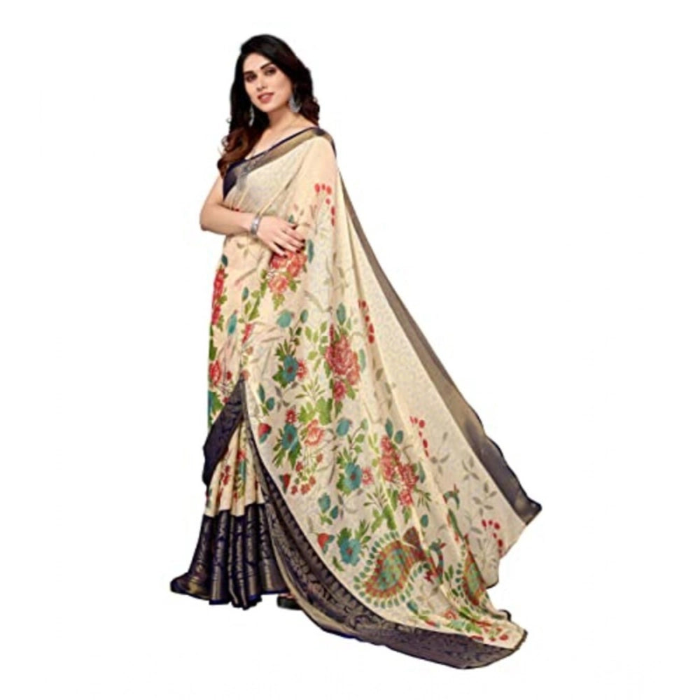 pkrkart Women's Viscose Rayon Printed Saree With Unstitched Blouse (Navy Blue)