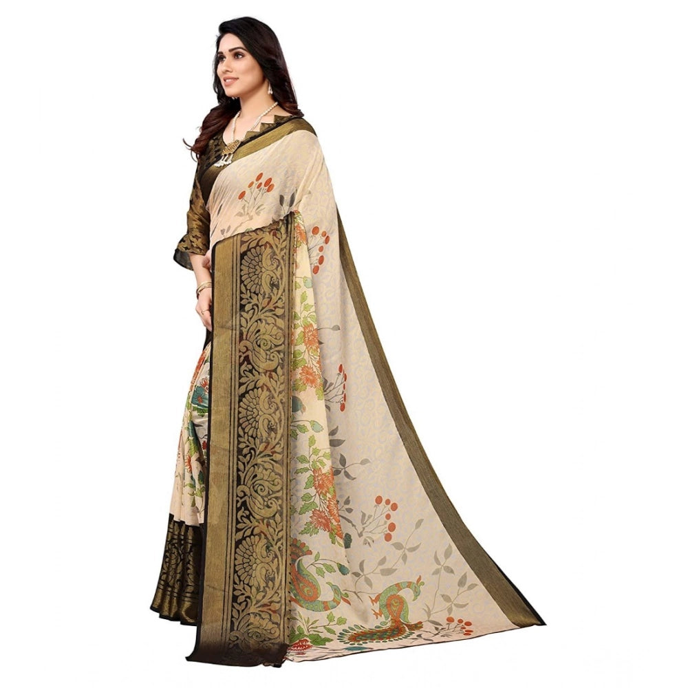 pkrkart Women's Viscose Rayon Printed Saree With Unstitched Blouse (Black)