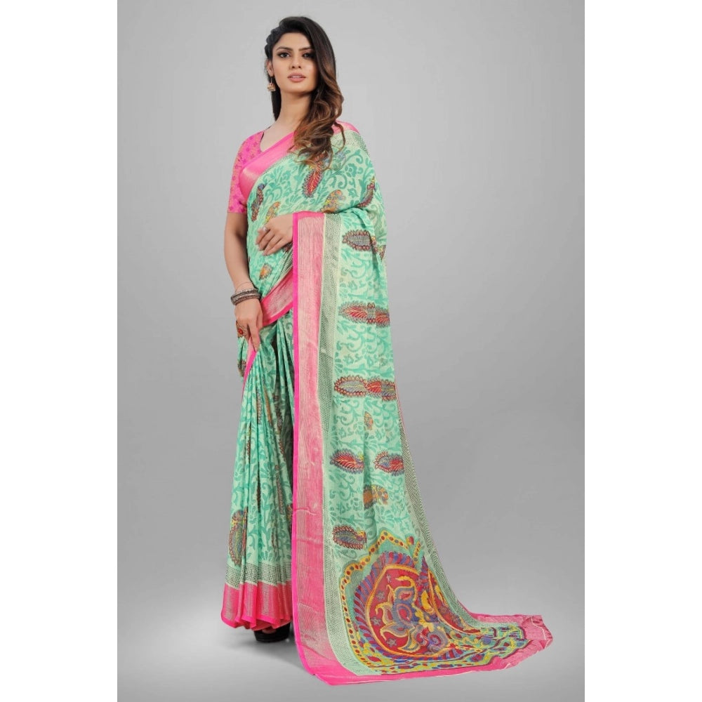 pkrkart Women's Viscose Rayon Printed Saree With Unstitched Blouse (Teal)