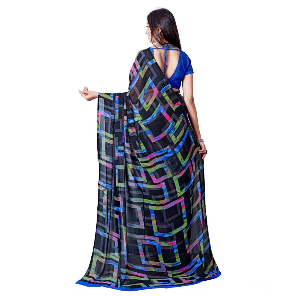 pkrkart Women's Georgette Printed Saree With Unstitched Blouse (Blue)