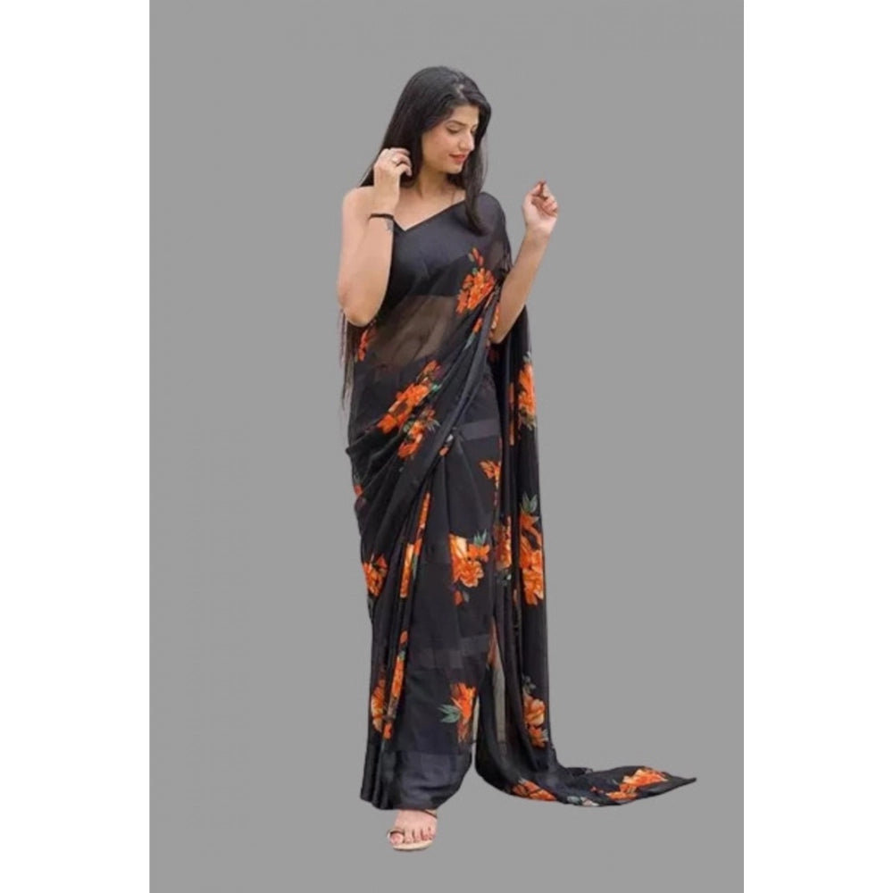 pkrkart Women's Satin Patta Printed Saree With Unstitched Blouse (Orange)