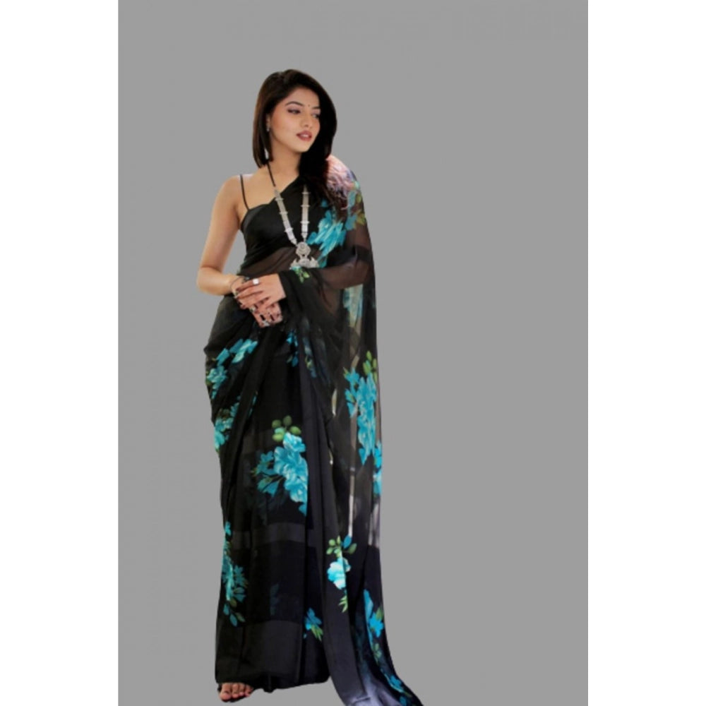 pkrkart Women's Satin Patta Printed Saree With Unstitched Blouse (Blue)