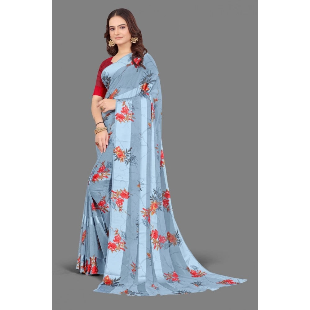 pkrkart Women's Satin Patta Printed Saree With Unstitched Blouse (Grey)
